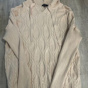 Fate Sweater Womens Large Tan Hooded Pullover Cable Knit Triblend V Neck